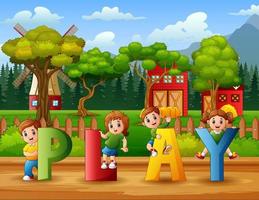 Happy kids holding PLAY word in the farm vector