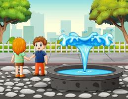Cartoon two children shaking hands near the fountain vector