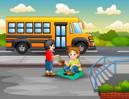 Illustration of a boy give money to a beggar vector