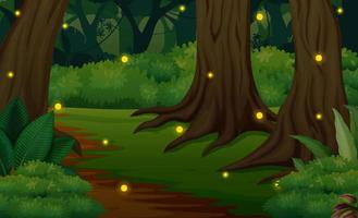 escena del bosque en la noche con ilustración de luciérnagas