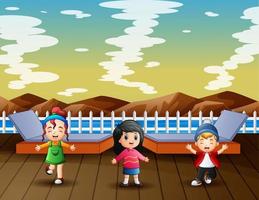 Ocean and mountains landscape with children in the pier vector