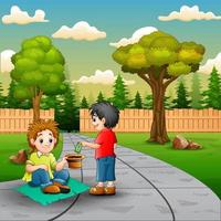 Scene with a boy give money to a beggar vector