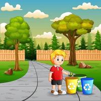 Scene with a boy putting aluminum in recycling bin vector