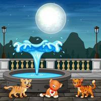 Cute three of cats sitting near the fountain vector