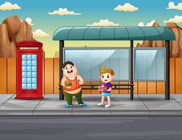 Cute two boys holding foods at the bus stop vector