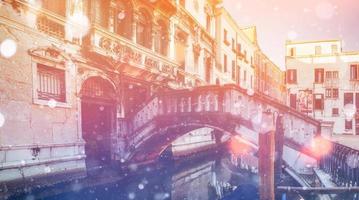 Canal in Venice, Italy. Photo greeting card. Bokeh light effect