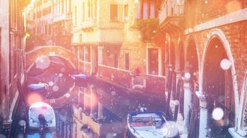 Canal in Venice, Italy. Photo greeting card. Bokeh light effect,