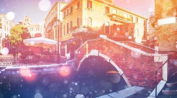 Canal in Venice, Italy. Photo greeting card. Bokeh light effect,