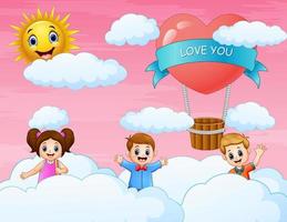 The children playing on the cloud and pink background vector