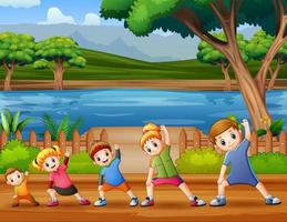 Happy family doing exercise in the riverside vector