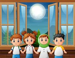escena nocturna con ventana abierta y cuatro niños de pie