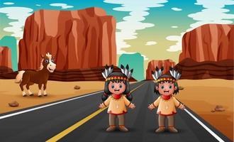 Road scene with two boy and girl in Native American indian illustration