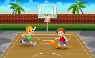 niños jugando baloncesto en la ilustración de la cancha vector