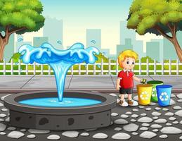 Boy throws plastic waste into the trash can in the park vector