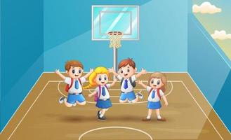 escolares alegres saltando en la cancha de baloncesto vector