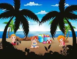 Cartoon little kids sitting on the beach sand vector