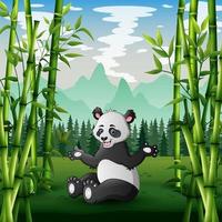 Cartoon big panda sitting in a green field vector