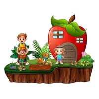 Apple house with happy children on the island vector