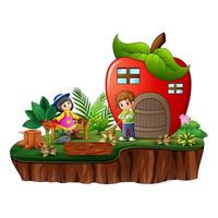 niños felices de dibujos animados con casa de manzana en la isla vector