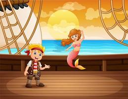 niño de dibujos animados pirata con sirena en un barco vector