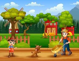 Cartoon young farmers working in the farm