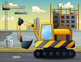 A excavator in front of the construction site illustration vector