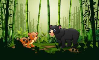 caricatura de un oso y un cachorro en el bosque de bambú vector