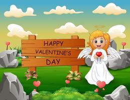 feliz día de san valentín cartel con chica ángel en la naturaleza vector