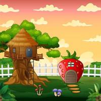 casa de fresas y casa del árbol en el paisaje del parque vector