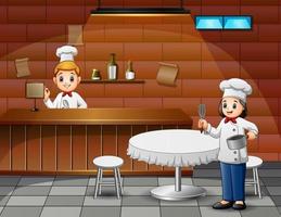 Illustration of cafe scene with chefs and waiters at work