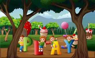 Cartoon children playing in the sweet land vector