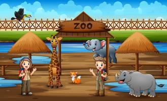 lindo el niño explorador y la niña viendo animales en el parque zoológico vector