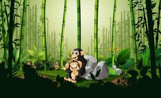 Cartoon a chimpanzee with her cub in bamboo forest