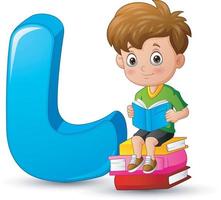 Illustration of alphabet L with a boy on the stack of book