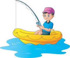un niño pescando en un bote inflable vector