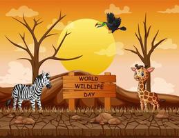 World Wildlife Day sign with animals in the dry land vector