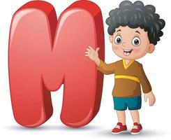 Illustration of a boy posing beside a letter M vector