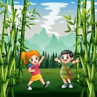 Happy school children in a green landscape background vector