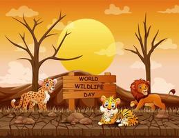 World Wildlife Day sign with animals in the dry land vector