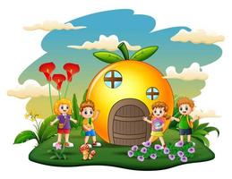 Orange house with school kids cartoon style on white background vector