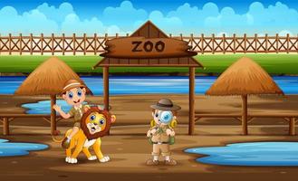 caricatura de los niños guardianes del zoológico con un león en el zoológico vector