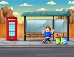 Scene with fat boy throws garbage in the trash vector