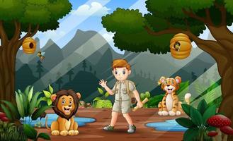 escena con un chico de safari y animales salvajes en la jungla