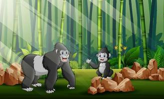 Cartoon a big gorilla with her cub in the forest background vector