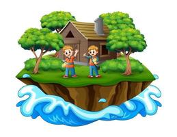 Cartoon of two school boys in front the wooden house on island