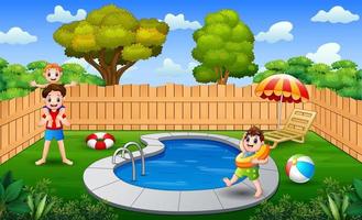 Happy boys playing in an outdoor swimming pool vector