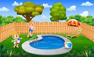 Happy boys having fun on the swimming pool vector