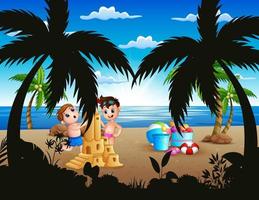 Happy boys making a sand castle on the beach illustration vector