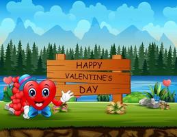 cartel de feliz día de san valentín con corazón rojo en el fondo de la naturaleza vector