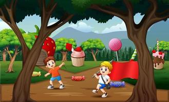 niños de dibujos animados jugando en la tierra dulce vector